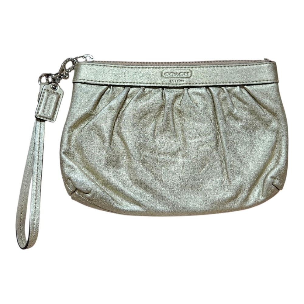 Coach Metallic Champagne Gold Leather Zip Wristlet Blue Interior